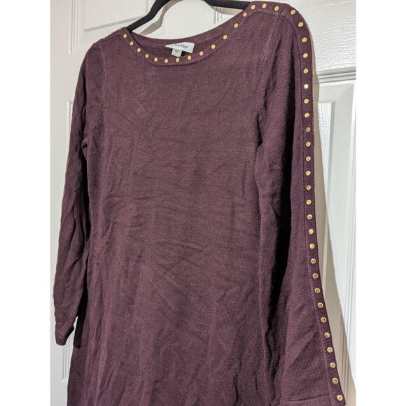 Calvin Klein Dress Womens Small Burgundy Studded Sweater Sheath 3/4 Bell Sleeve - Picture 8 of 10